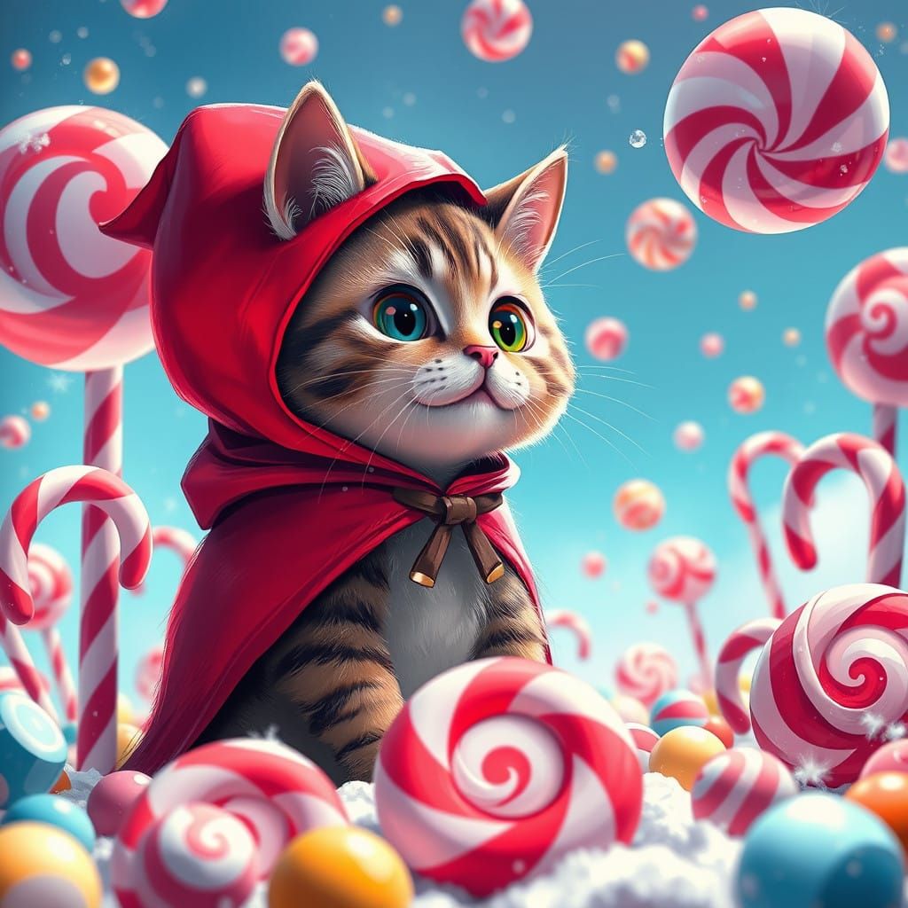 Chubby Feline Red Riding Hood in Vibrant Candyland