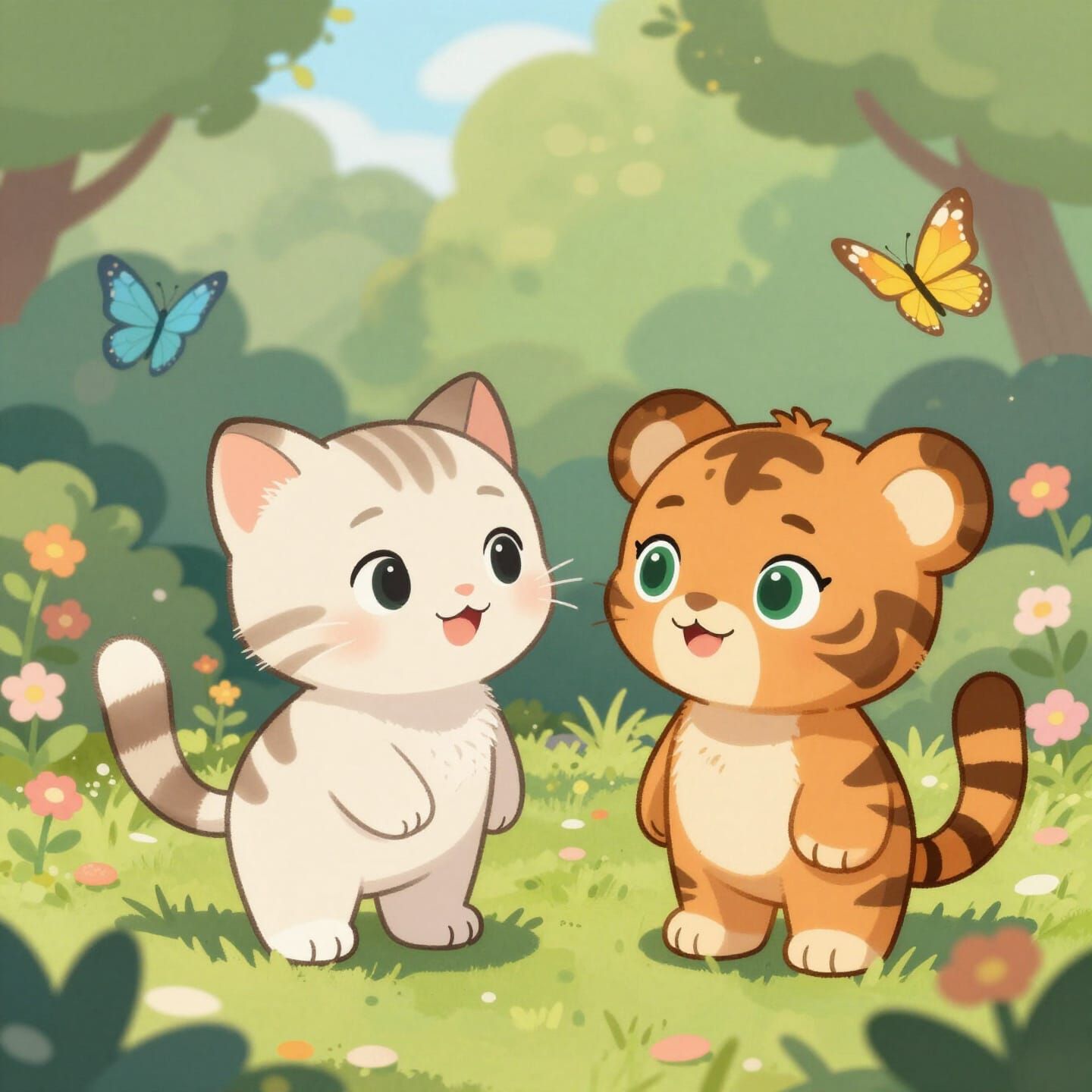 Kitten Meets Tiger Cub in Whimsical Garden Illustration
