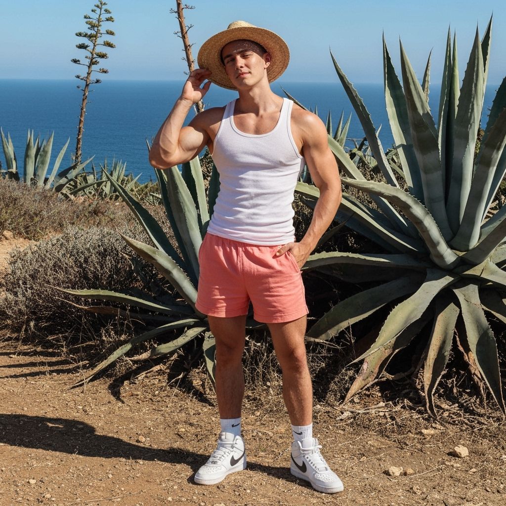 Man in Desert Oasis with Succulents