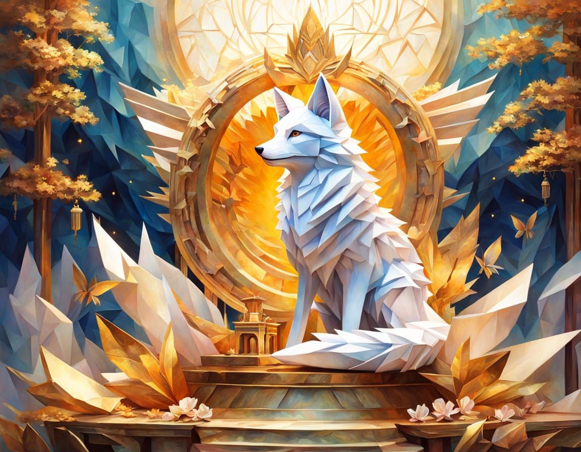 Origami Fox on Temple Altar: Romantic Oil Painting