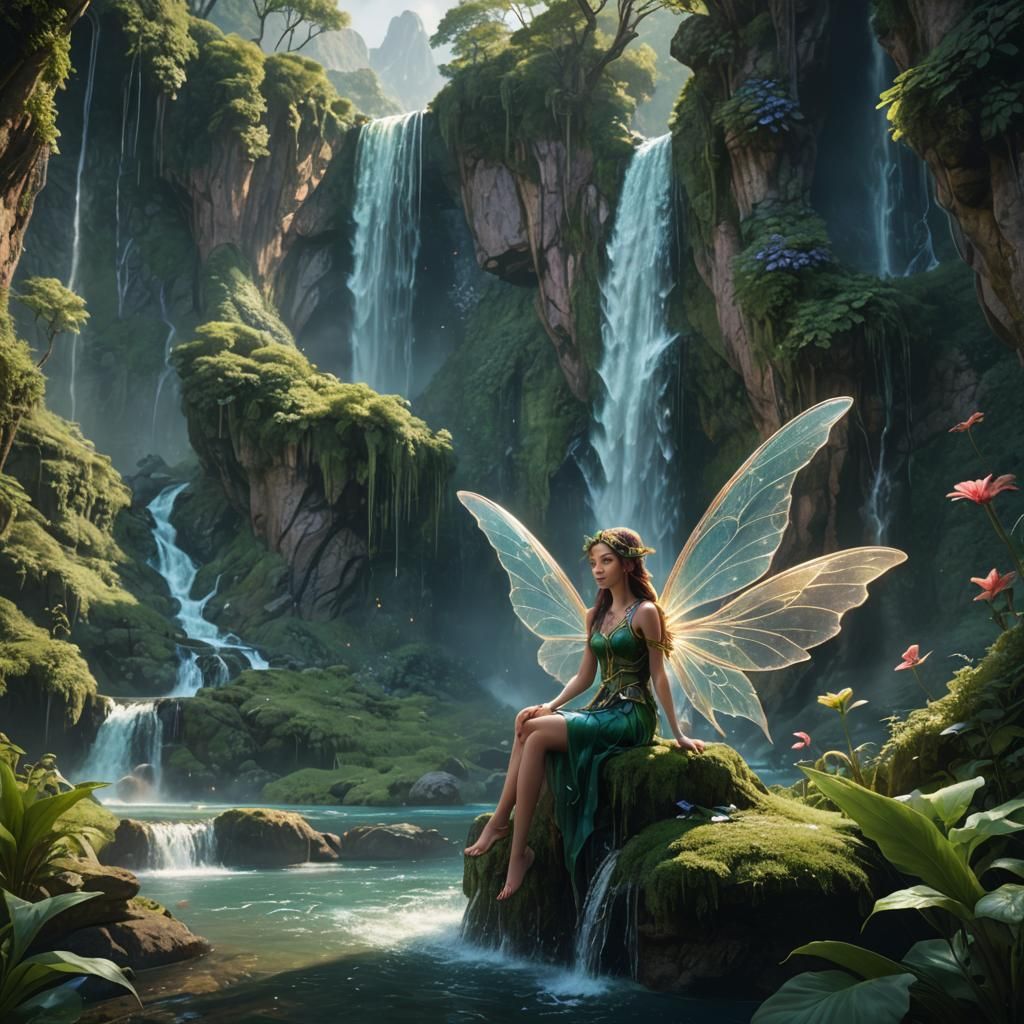 Fairy with Translucent Wings in Lush Valley