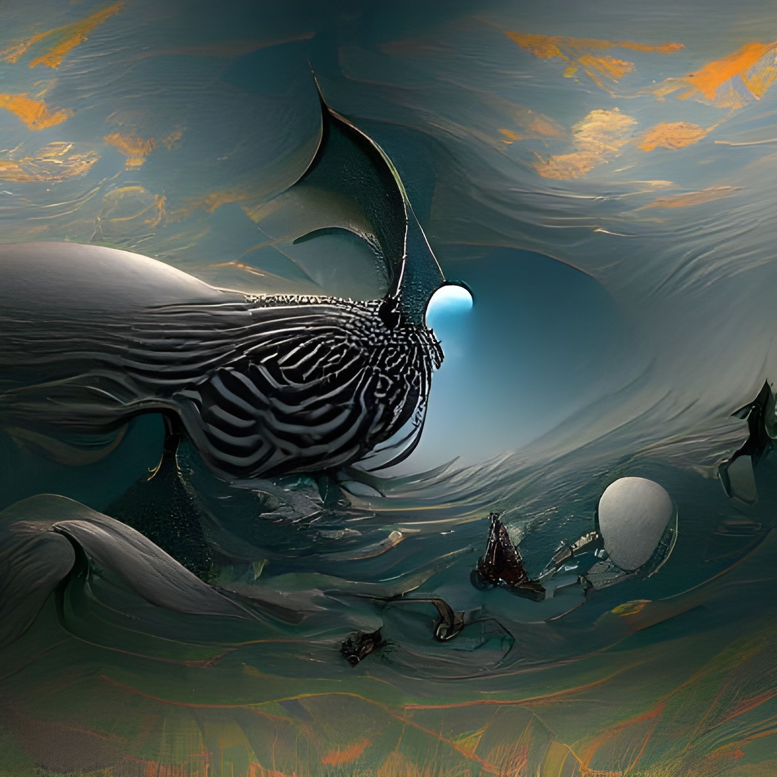 Surreal Milk Ocean with Bird Snakes, Sinister Digital Art