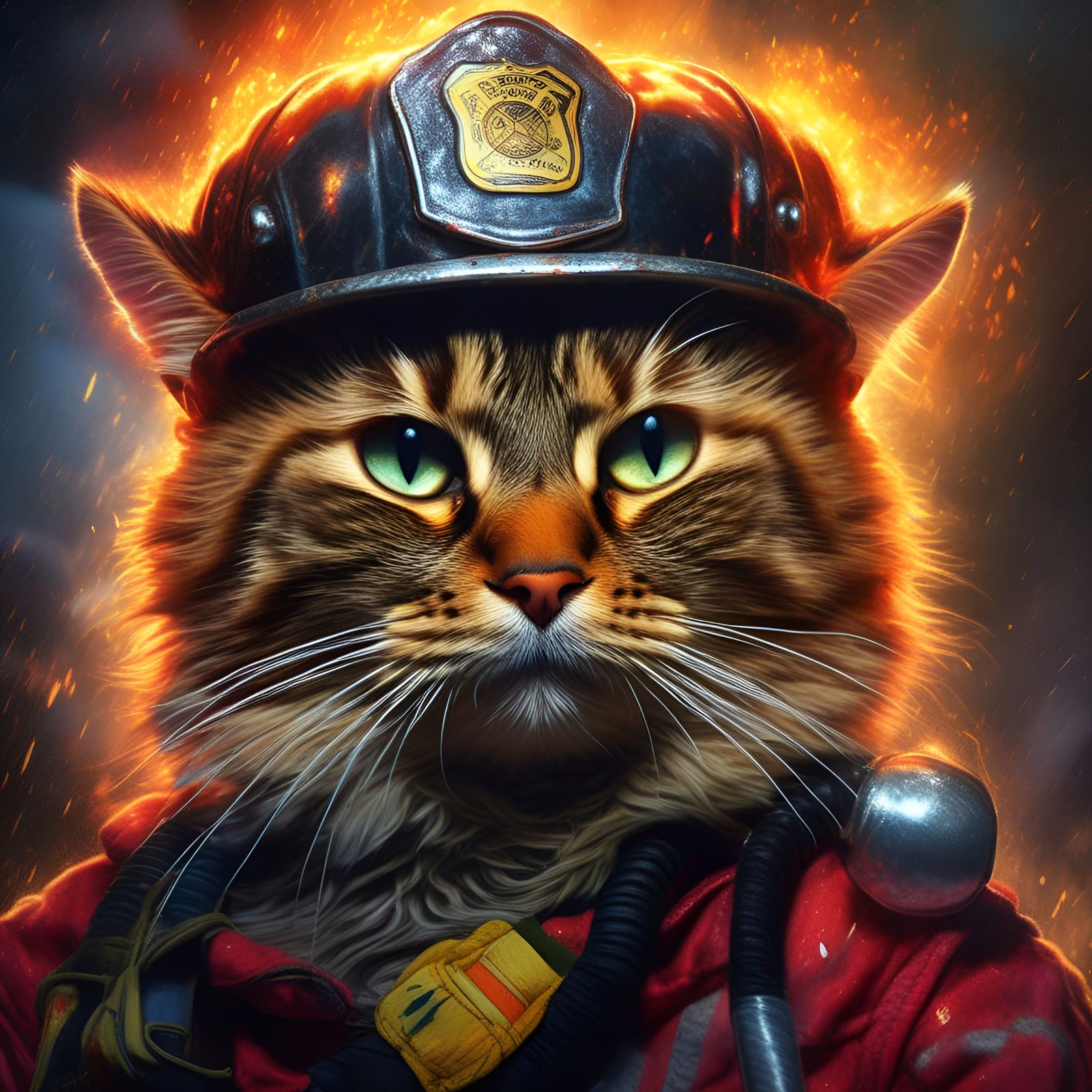 Hyperrealistic Cat Firefighter Portrait in Complementary Col...