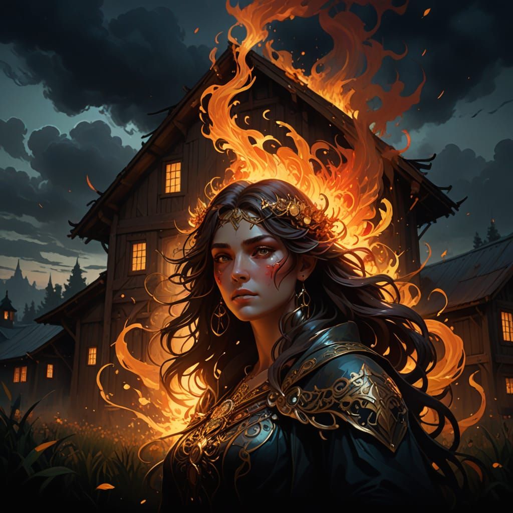 Dramatic Concept Art of a Burning Barn Under a Haunting Sky