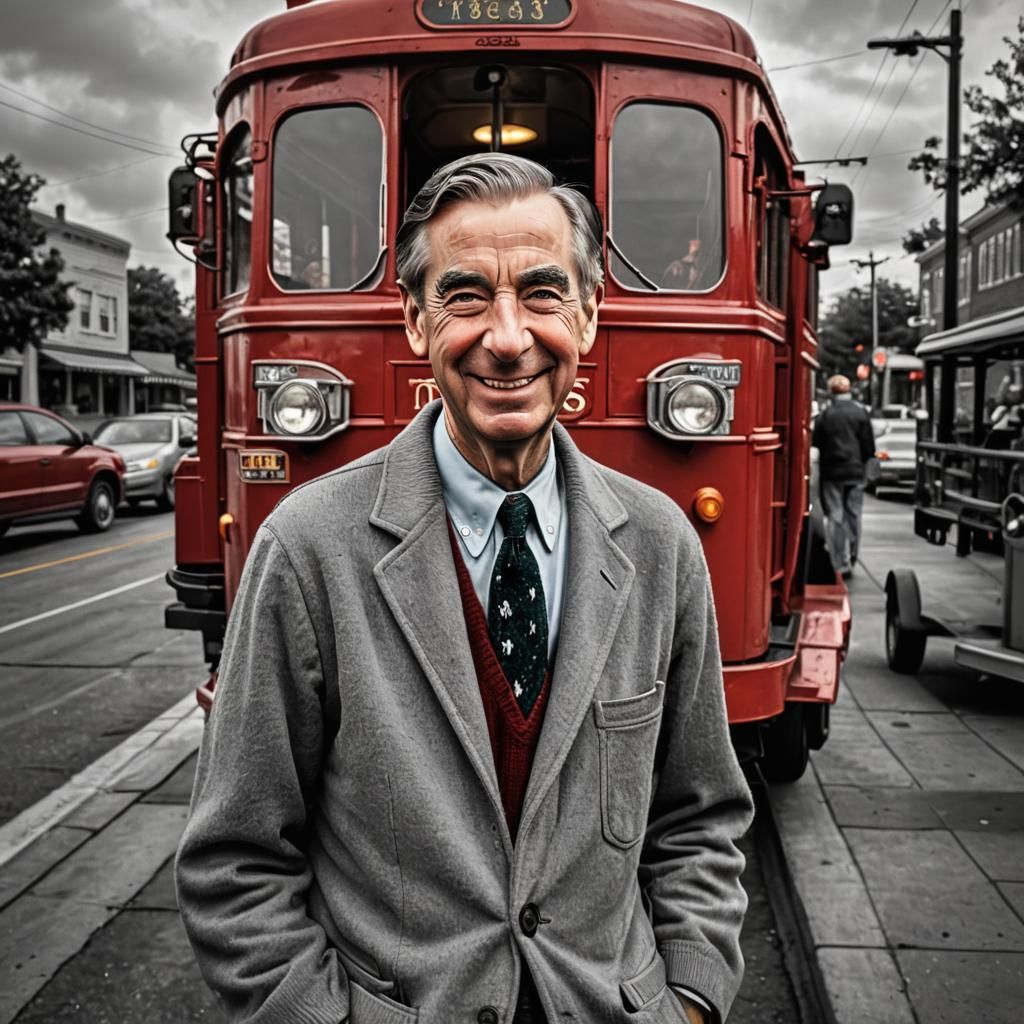 Mr. Rogers Smiles with Trolley in Heaven