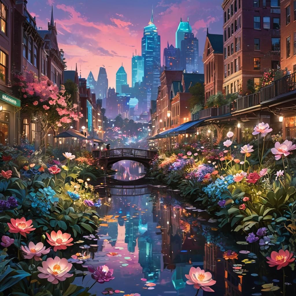 Lush Urban Garden at Twilight in Digital Painting Style