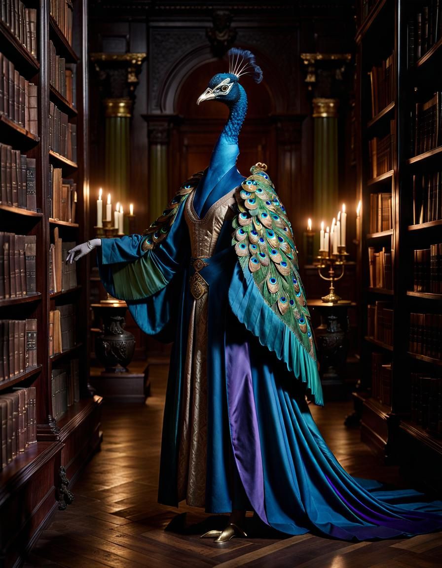 Anthropomorphic Peafowl in Library Portrait