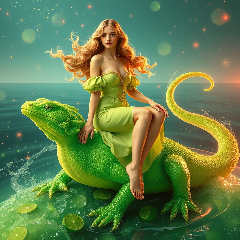 Woman on Gummy Salamander in Soda Ocean