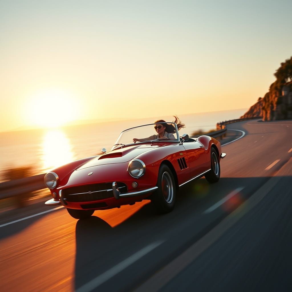 Vintage Italian Sports Car at Sunset in 3D Style