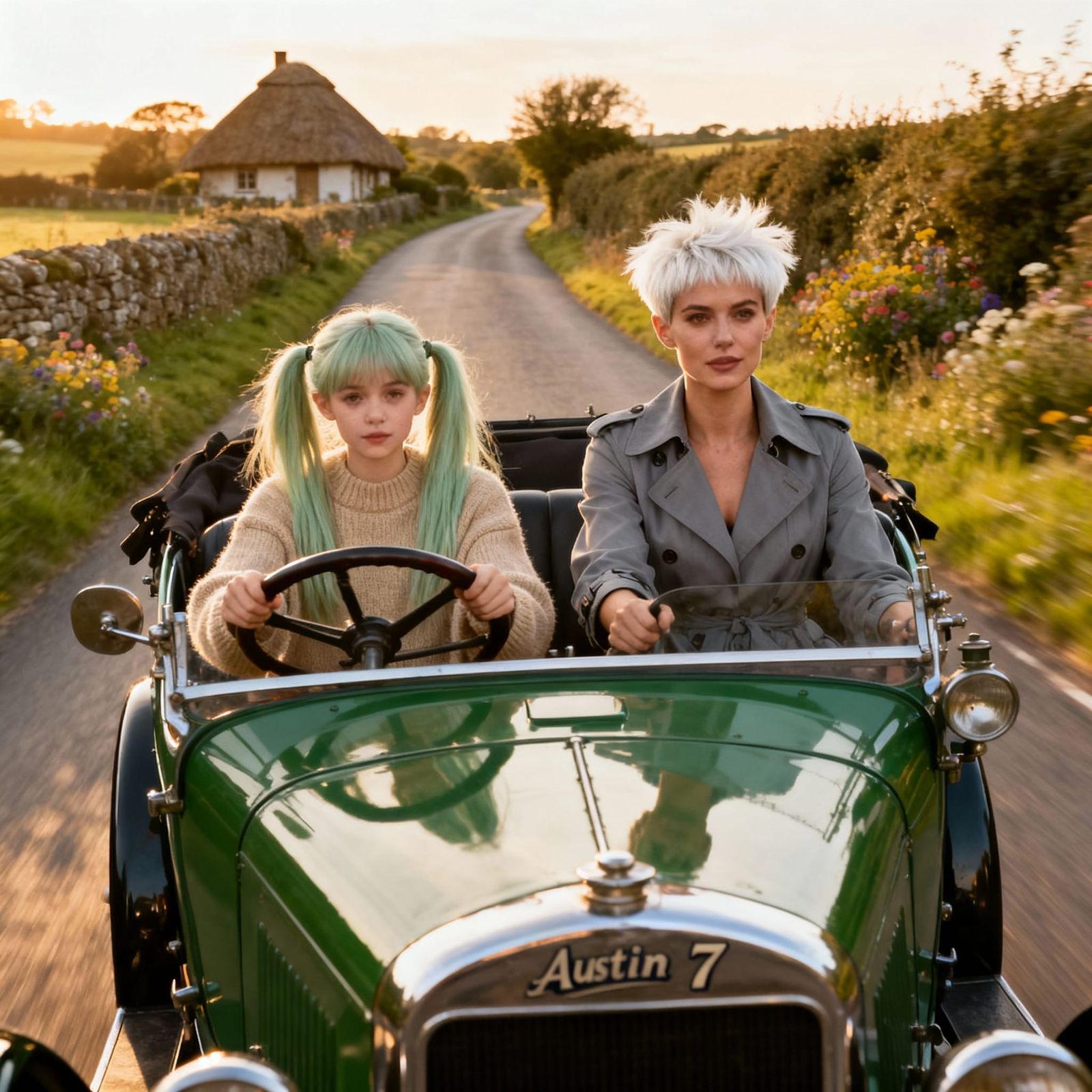 Women Driving Vintage Austin 7 on Country Road