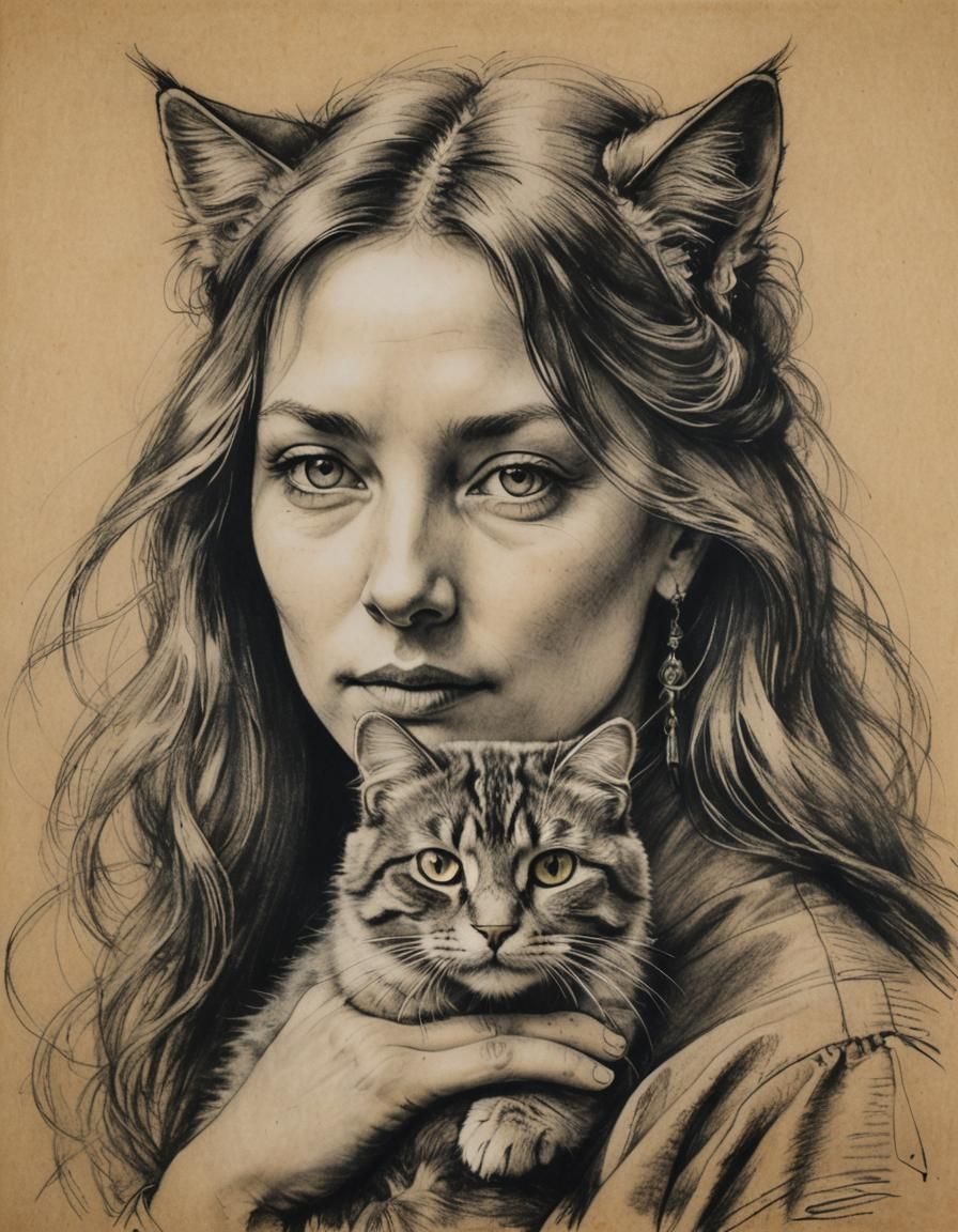 Woman with Cat in Charcoal and Pastel Style