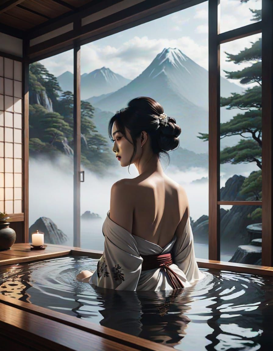 Traditional Japanese Bath House Courtesan in Monochrome