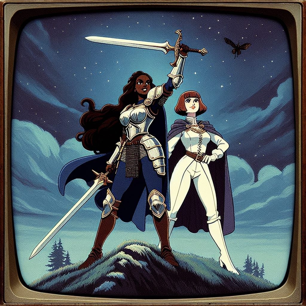 Victorious Women in Vintage CRT Cartoon Style