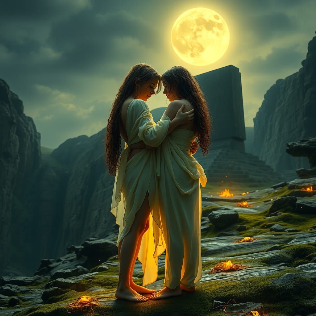 Mystical Embrace on Moonlit Cliffs: Fantasy Realism