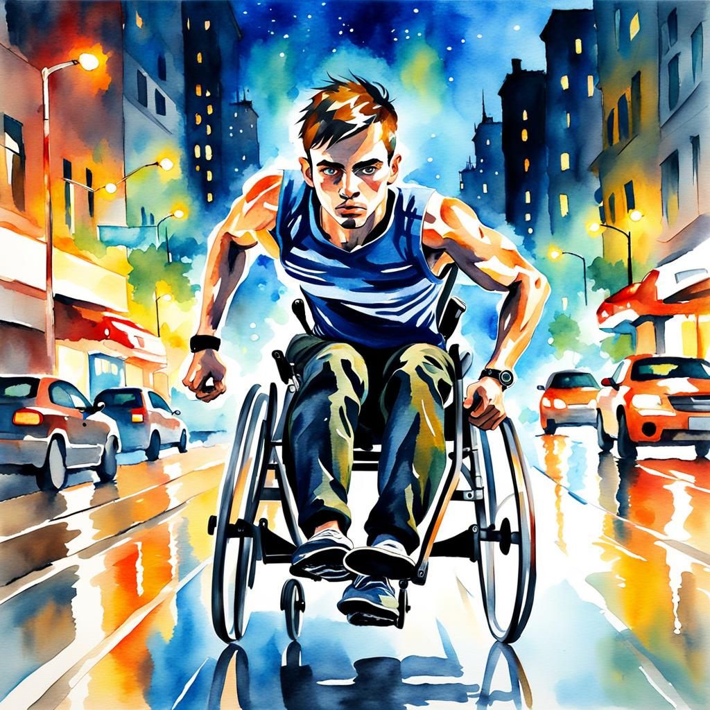 Dynamic Watercolor: Man in Wheelchair Races Through City