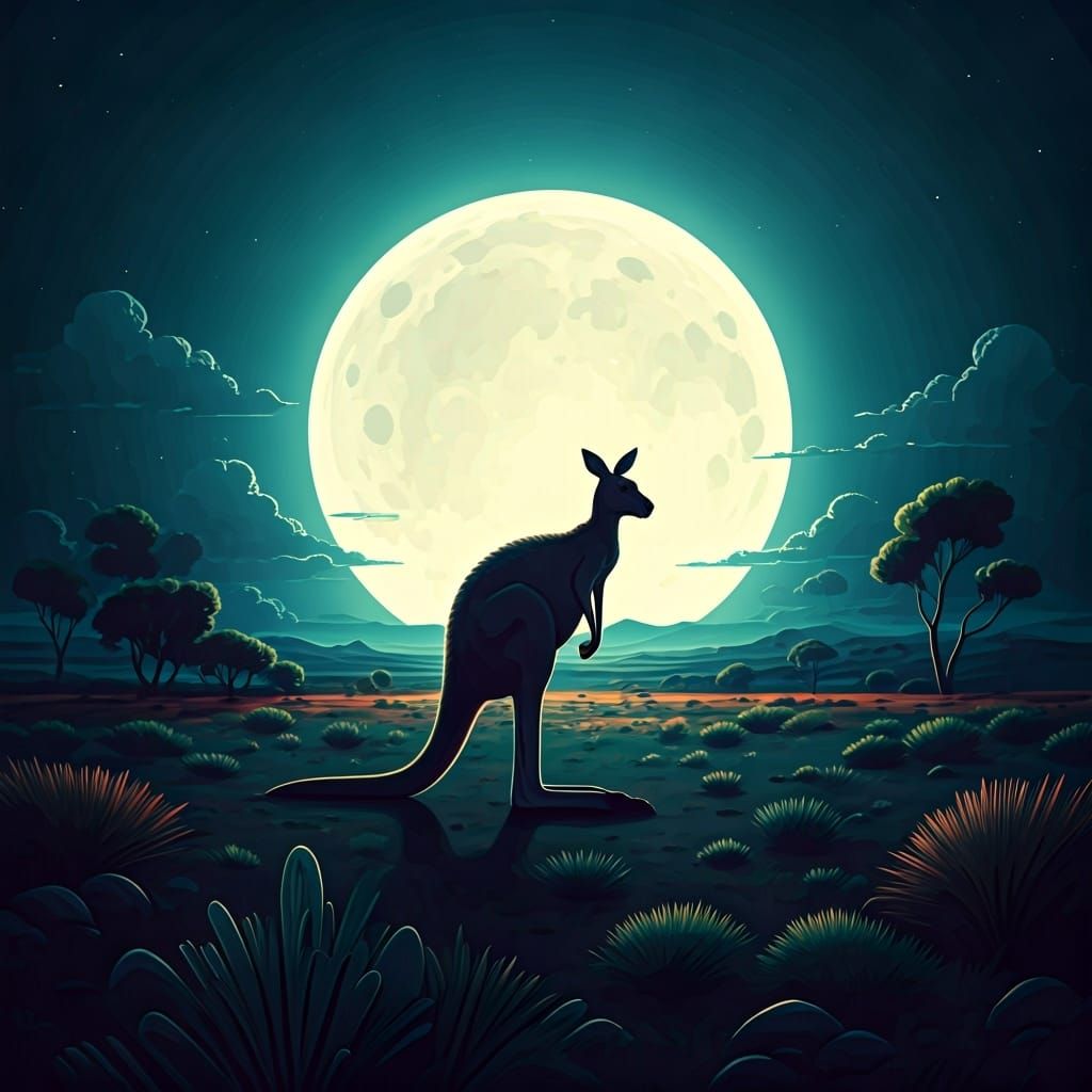 Kangaroo Silhouette with Giant Moon Backdrop