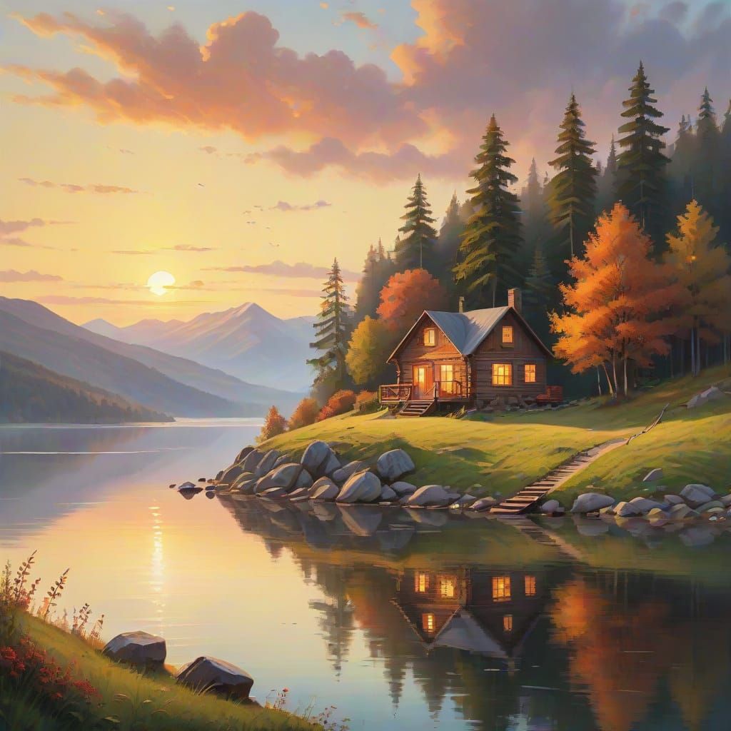 Cabin on Hill Above Lake: Impressionist Landscape