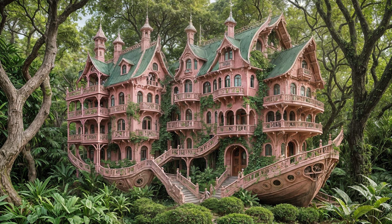 Pink House in Lush Forest, Art Nouveau Style