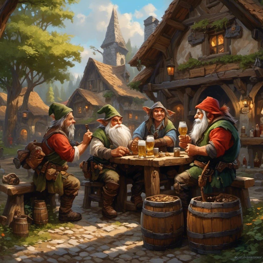 Gnomes Serving Orcs Beer in Tavern Scene