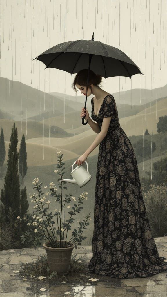 Woman Watering Plant in Rainy Klimt-Wyeth Style
