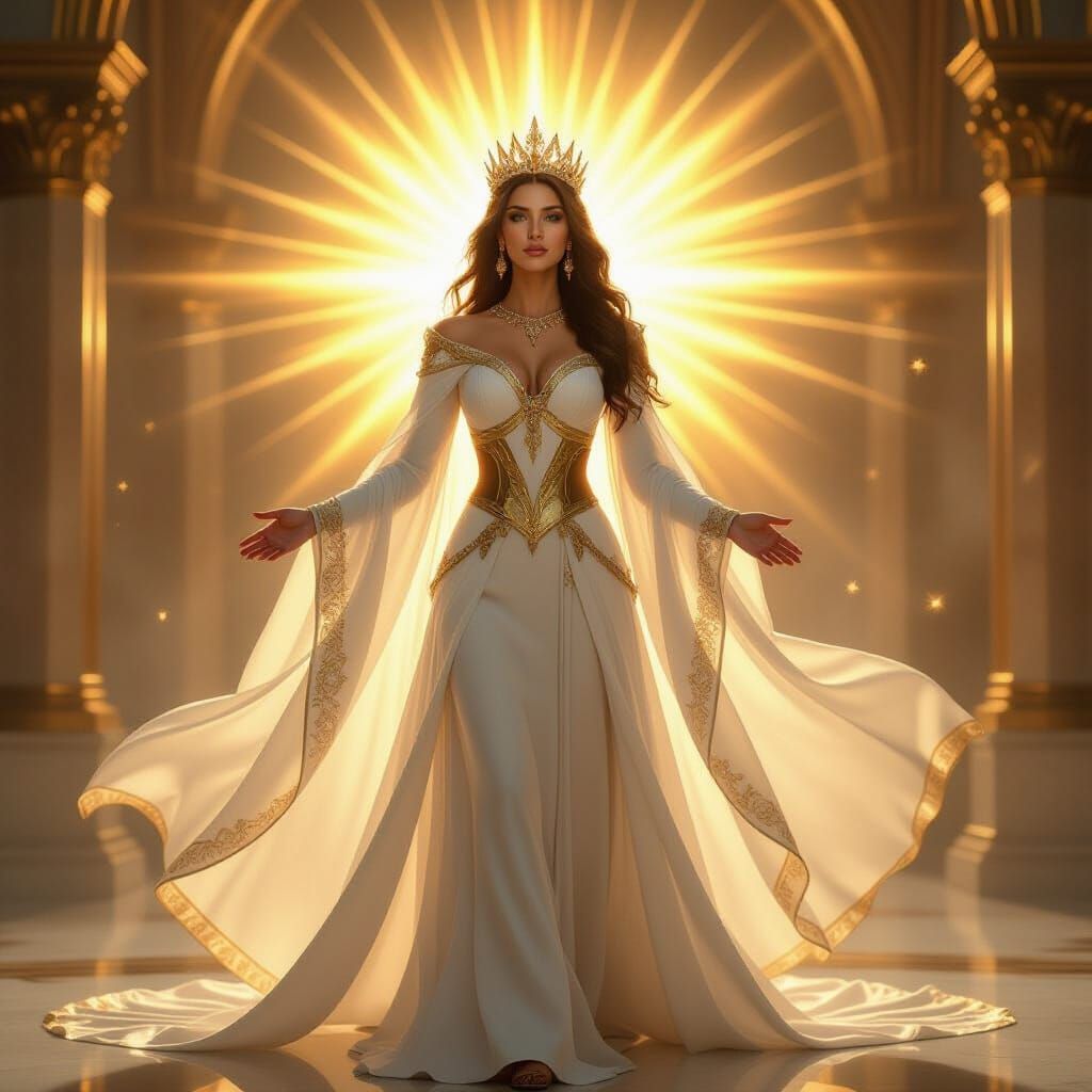 Divine Queen Radiating Holy Light in Gold and White Robes