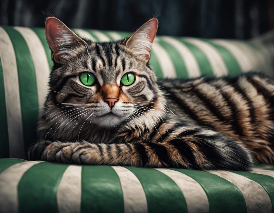 Striped Cat Lounging in Hyperrealistic Tim Burton Style