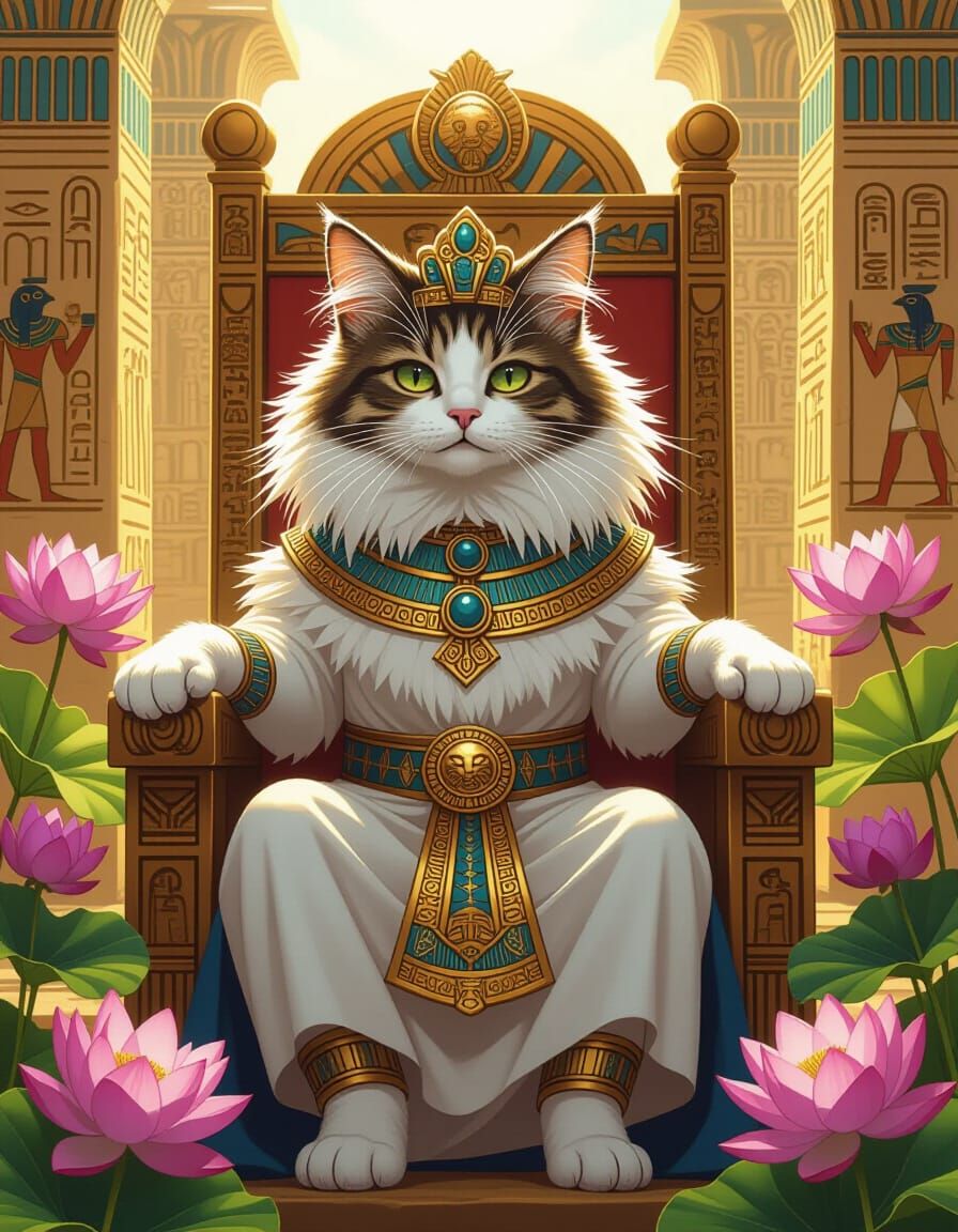 Regal Fluffy Cat Pharaoh on Ancient Throne