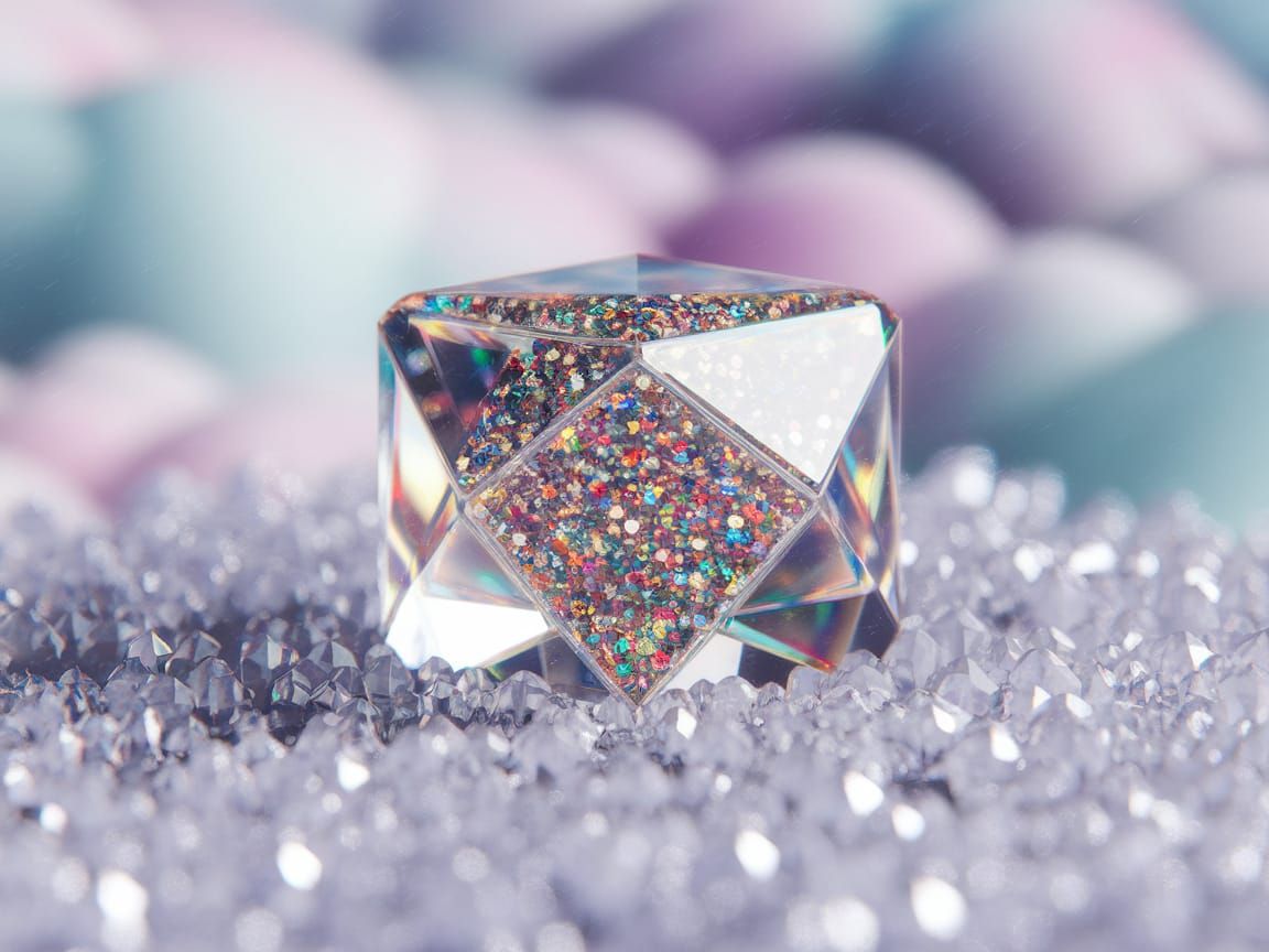 Glowing Gemstones Inside a Transparent Cube