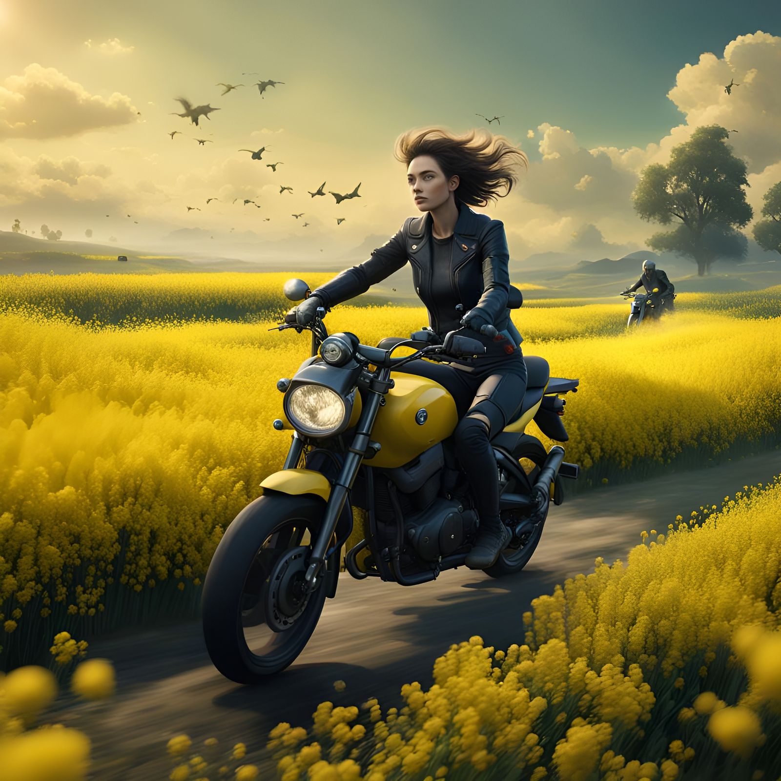 Woman on Motorcycle in Rapeseed Field: Digital Art