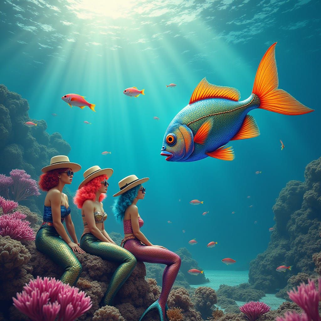Vibrant Mermaid Reef Scene in Hyperrealistic Style