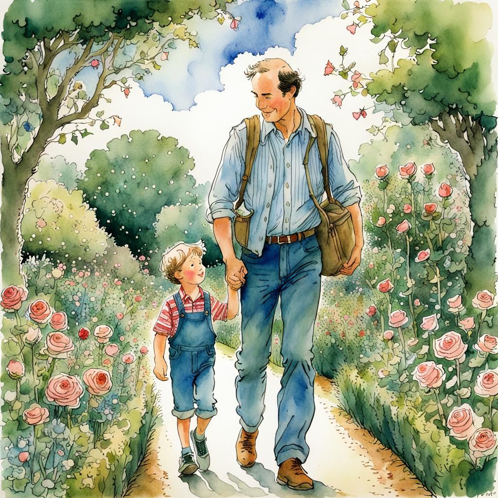 Father and Son in Rose Garden Illustration