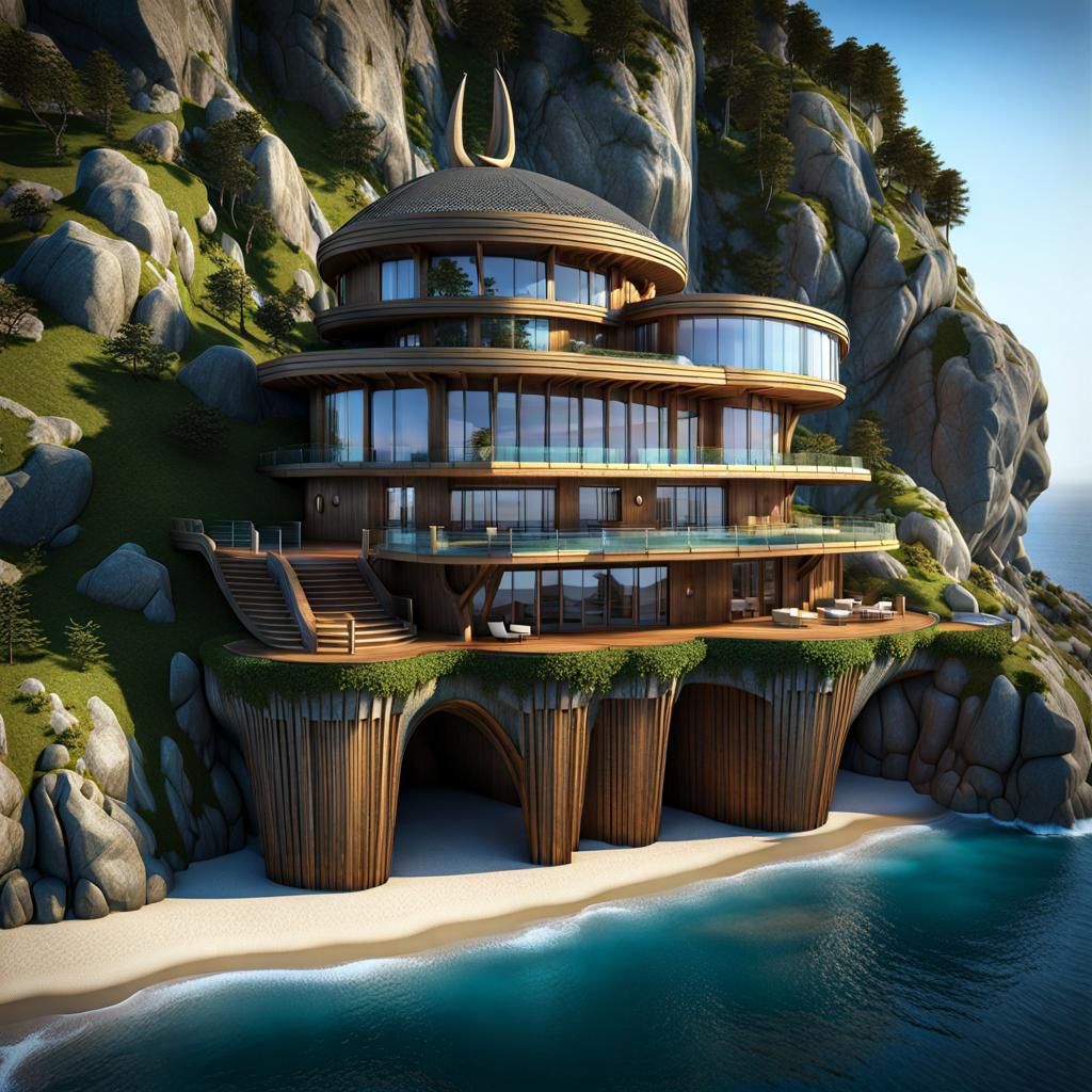 Surreal Viking Boat House on Ocean Cliff