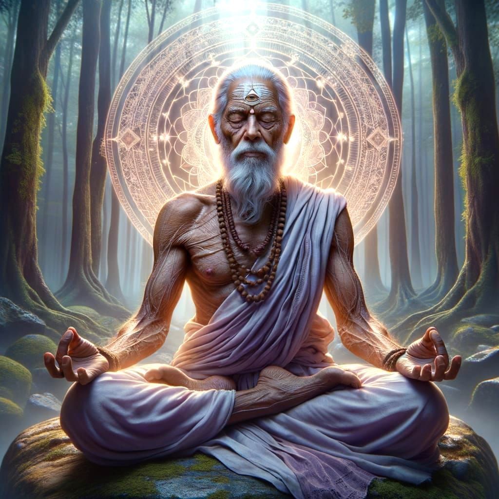 Serene Indian Sage Meditating in Forest: Digital Art
