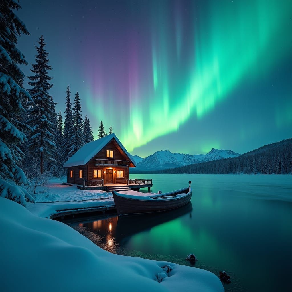 Aurora Borealis Over Frozen Lake Cabin in Winter