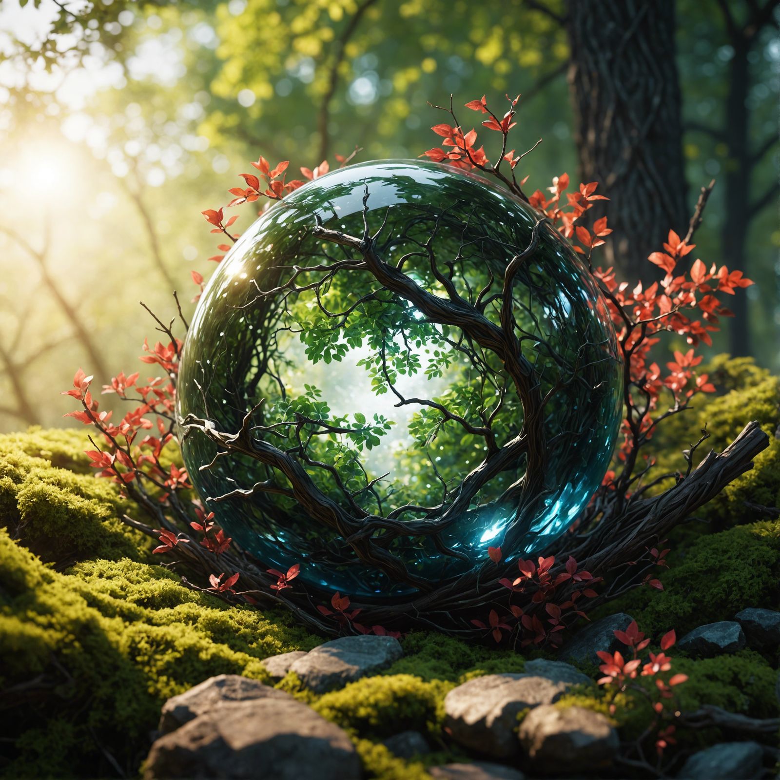 Glass Sphere in Tree Branches: Detailed Matte Painting