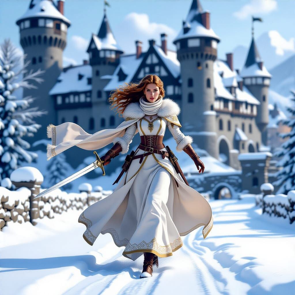 Medieval Queen Wielding Sword at Winter Castle