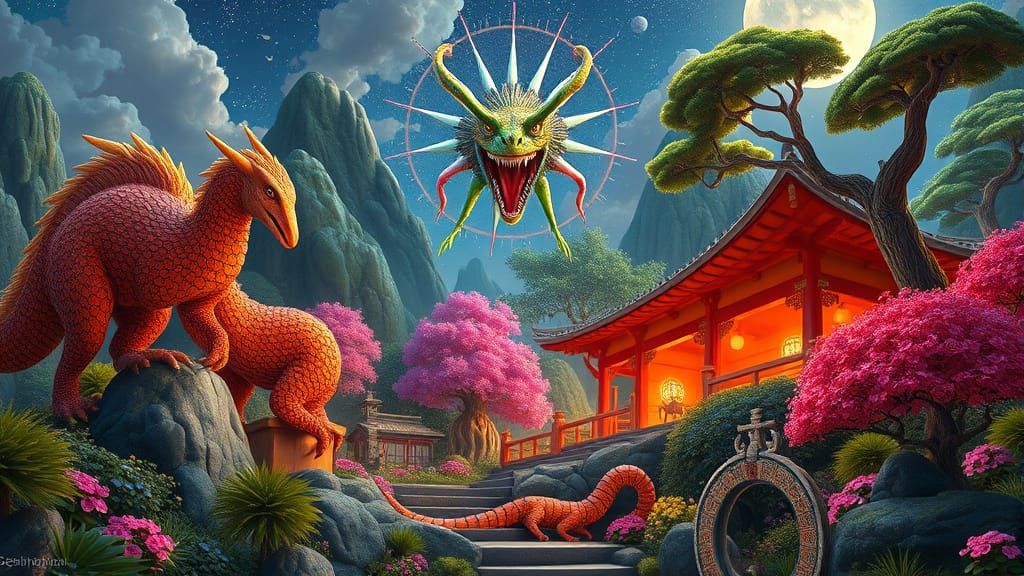 Psychedelic Jabberwocky in Japanese Garden Painting