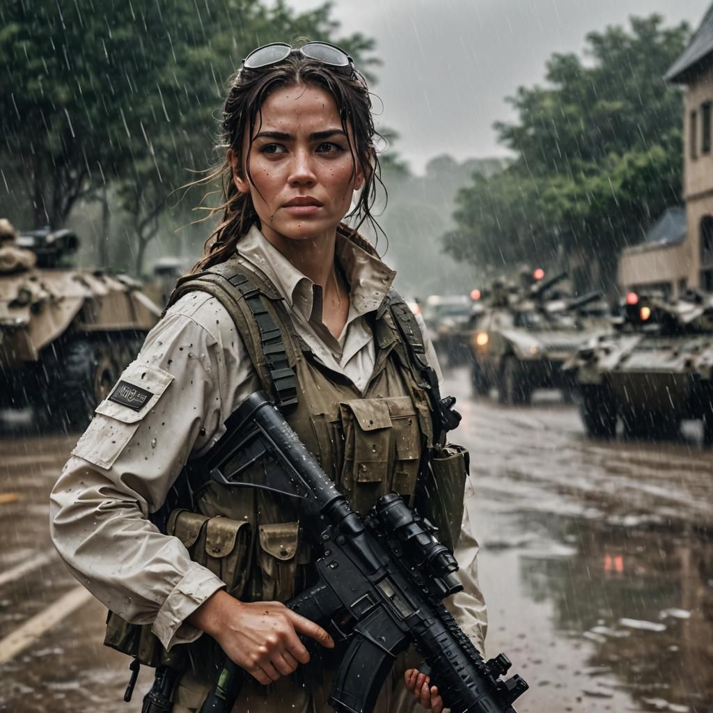 Confident Soldier in War Zone, Cinematic Film Still