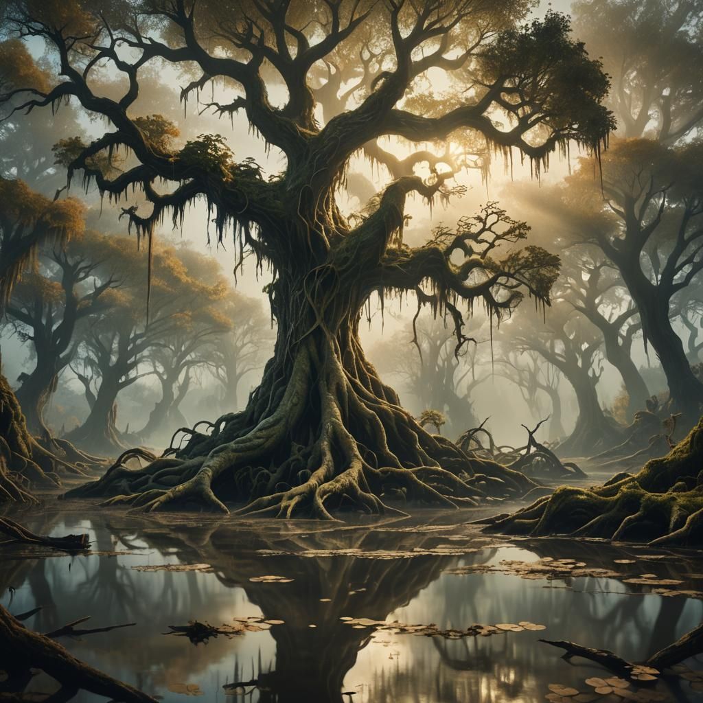 Mystical Tree Rises from Murky Swamp Waters