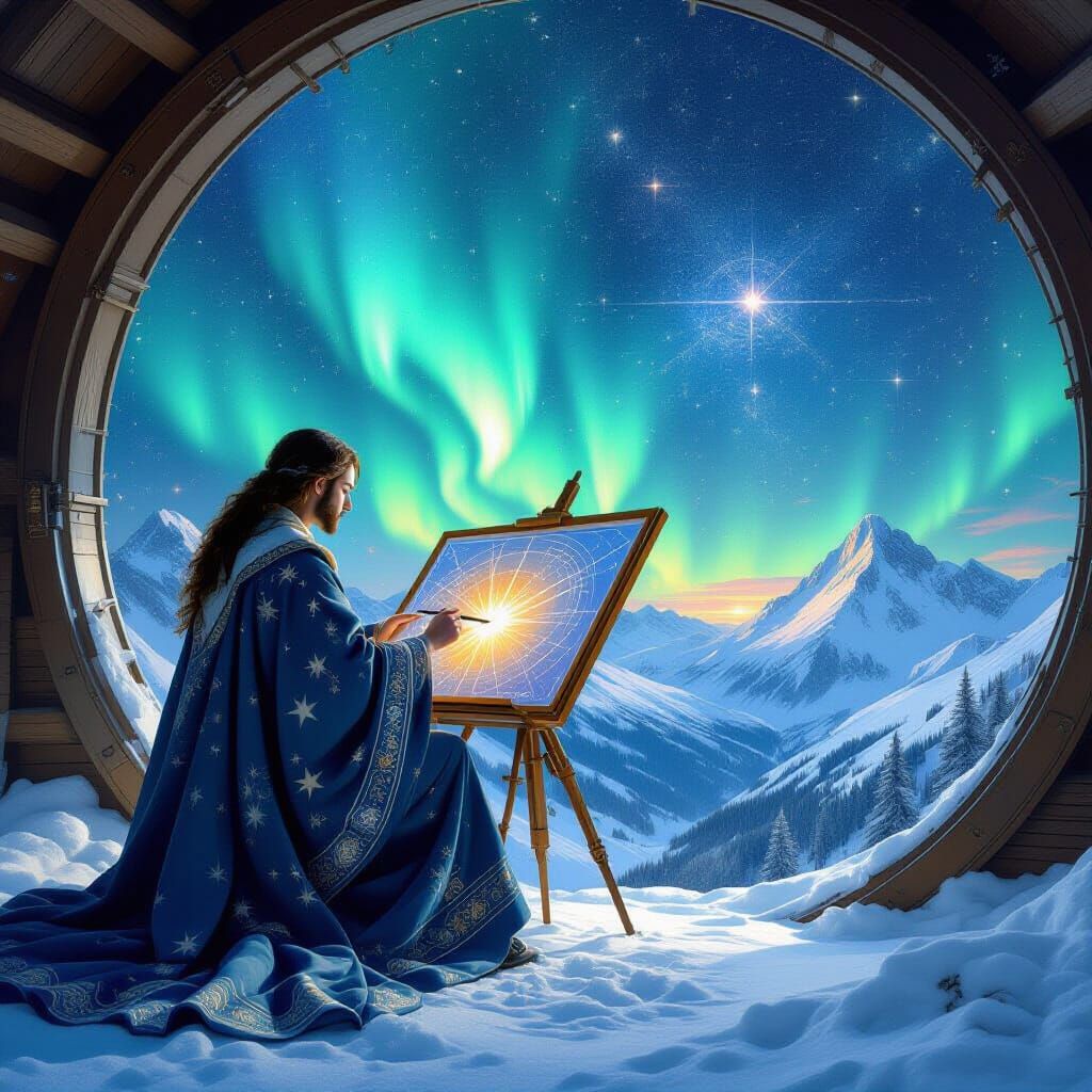 Celestial Cartographer Charts Cosmos in Snowy Observatory