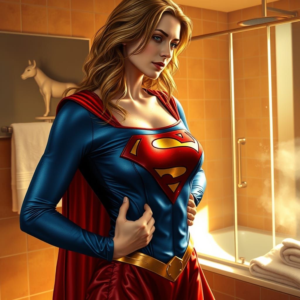Supergirl Transforms in a Golden-Lit Bathroom, Photorealisti...