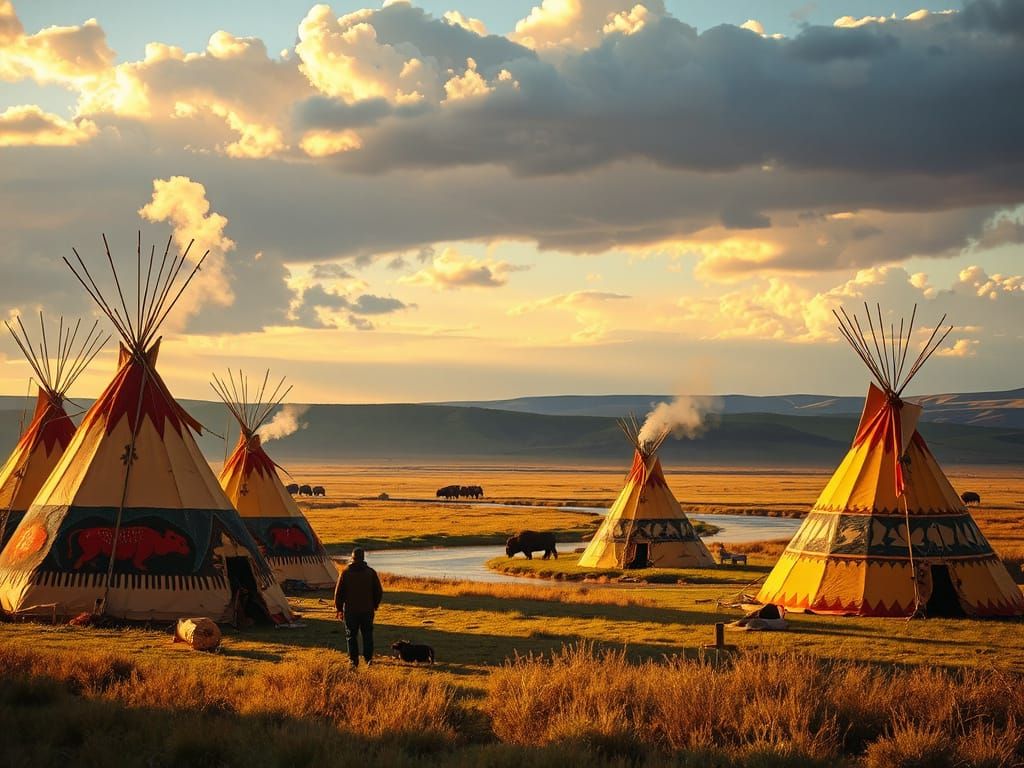 Vibrant Indigenous Encampment at Golden Hour