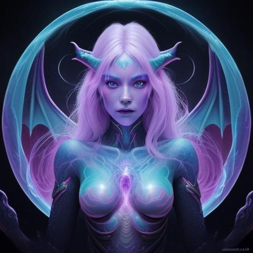 Astral Dragon Woman in Holographic Mixed Media