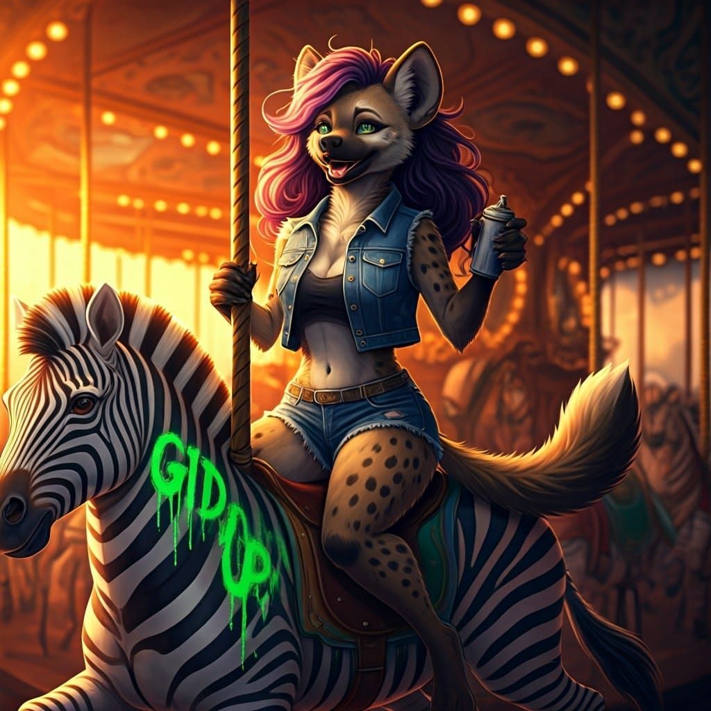 Surreal Carnival Scene with a Furry She-Hyena Riding a Carou...