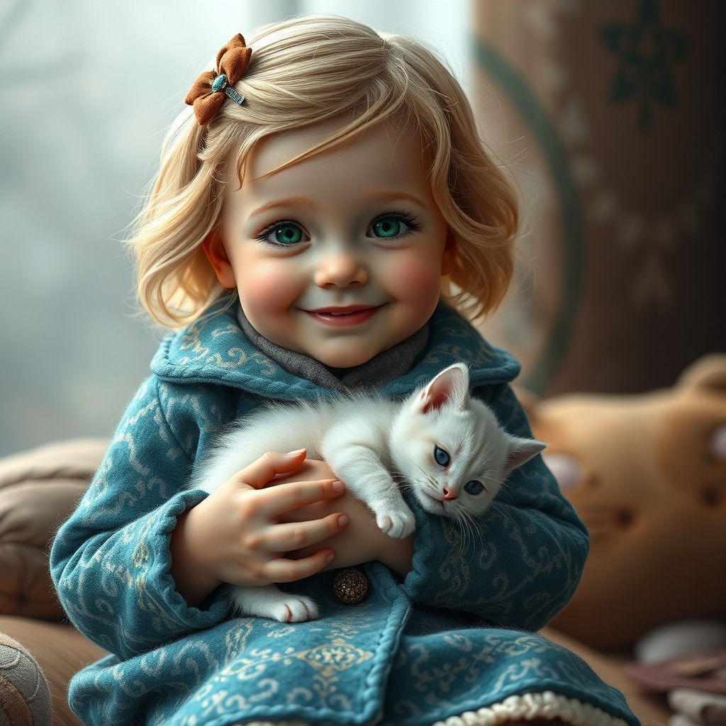Girl with Kitten in Dreamy Fantasy Style