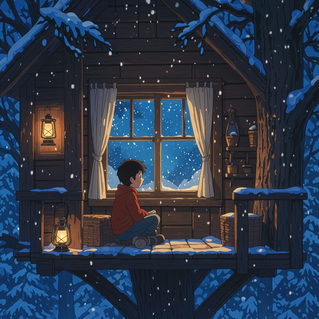 Kid in Cozy Treehouse During Snowy Night