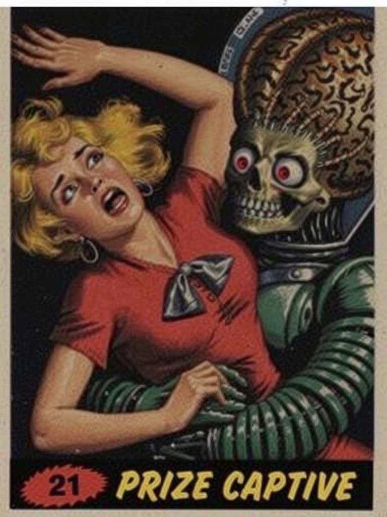 Skeletal Alien Captures Terrified Woman in Trading Card Art