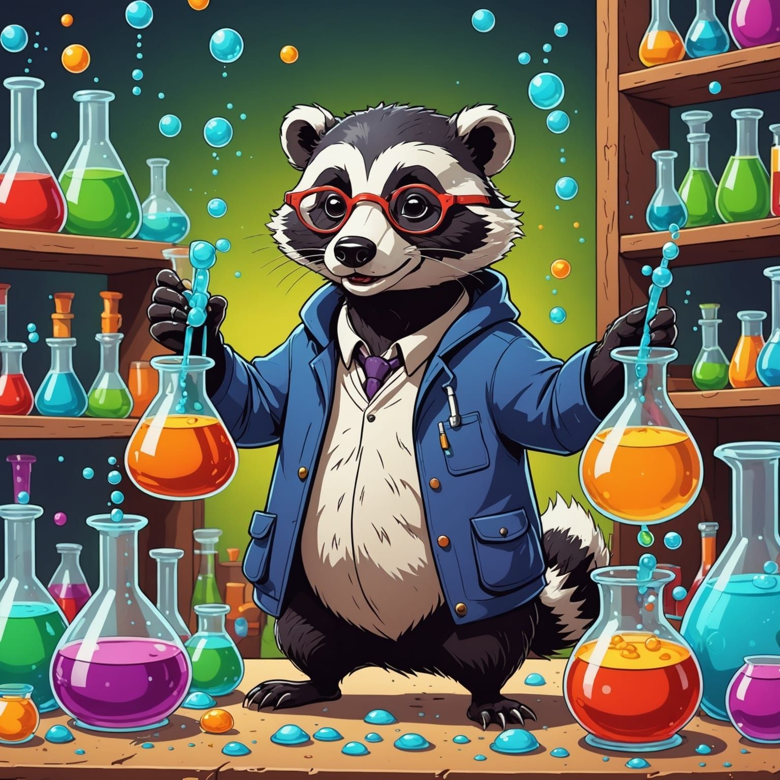 Cartoon Badger Mixing Potions in a Lab