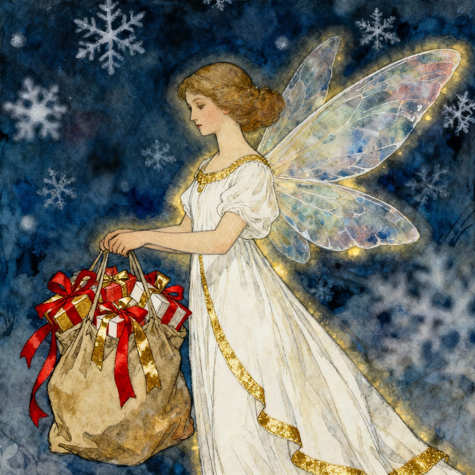 Minimalist Christmas Fairy With Presents Painterly Fantasy