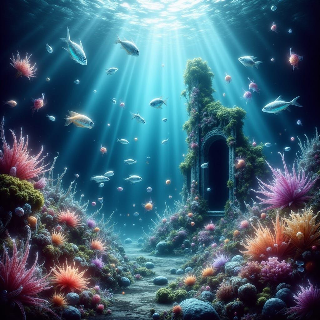 Underwater Garden Temple Ruin With Alien Fish